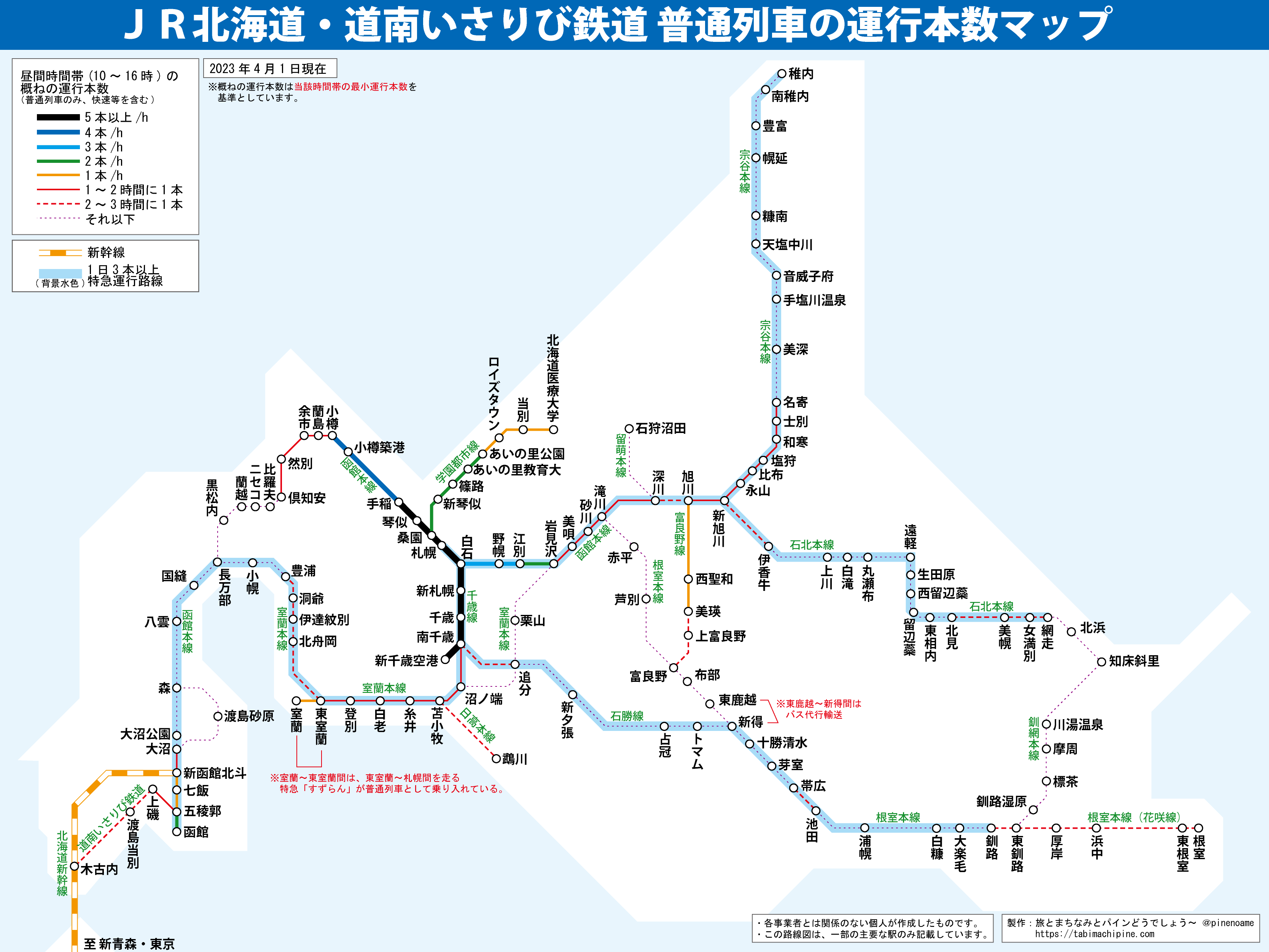 JR北海道・道南いさりび鉄道 普通列車の運行本数マップ – 旅とまちなみ 